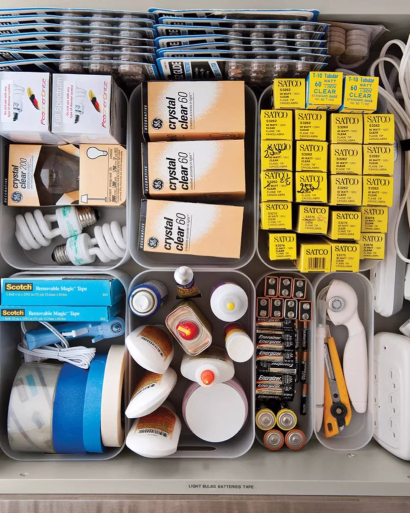 batteries, lightbulbs, and more home items are stored together in a drawer to make them easy to find.